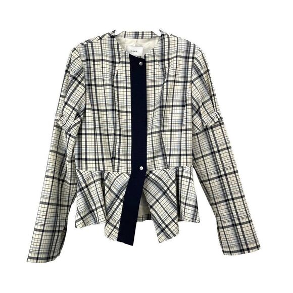 LEWIT Check plaid virgin wool raw edge peplum blazer jacket Sz M - Picture 3 of 11